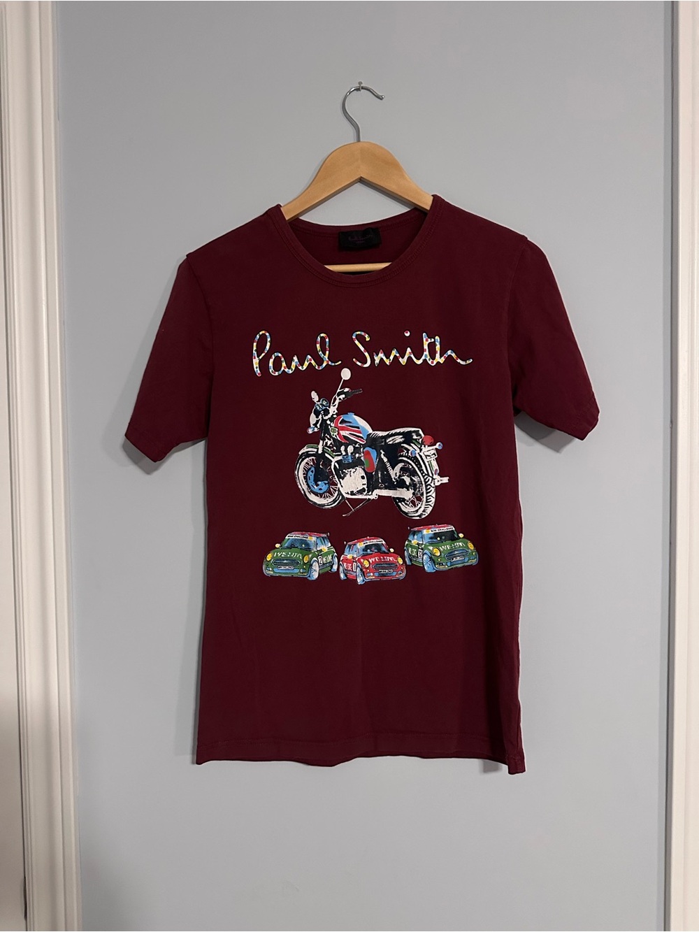 Paul Smith ITTIERRE Graphic T-Shirt Burgundy Moto Car Print Size M